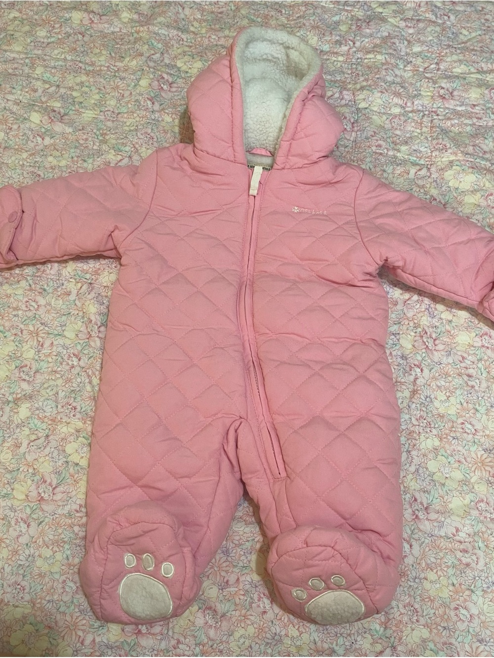OshKosh B'gosh Pink Quilted Pramsuit Snowsuit Bear Ears 6-9M